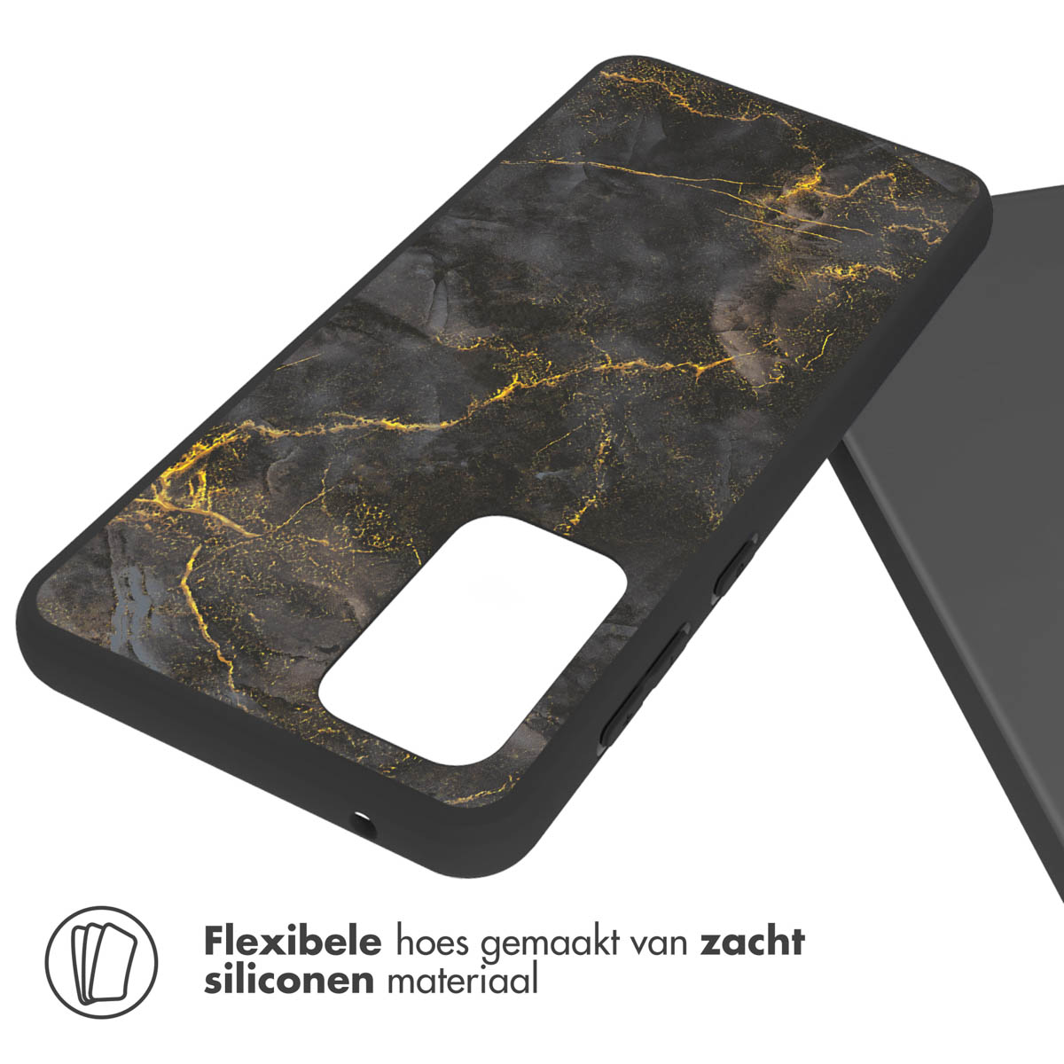Coque de téléphone noire avec un motif marbré et des veines dorées. Texte: Coque souple en silicone souple.