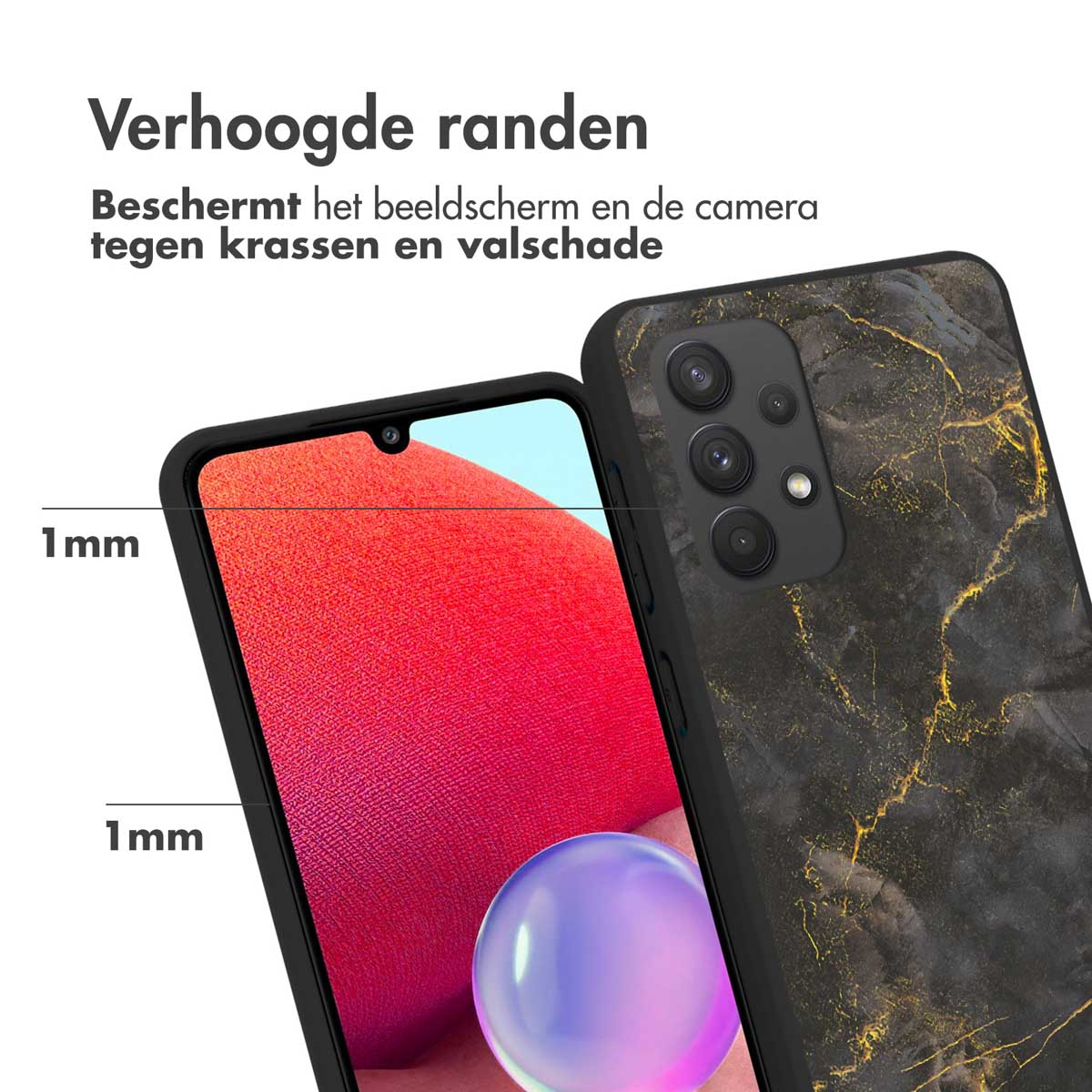 Téléphone avec coque design marbre, gros plan montrant l'épaisseur. Texte : 'Protège l'écran et l'appareil photo des rayures'.