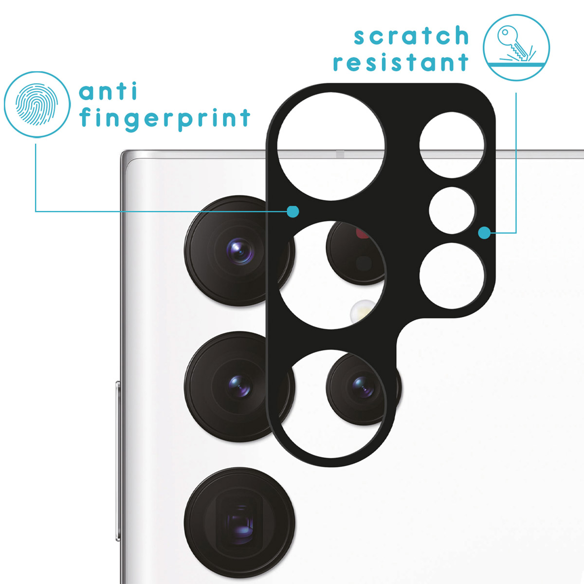 Black camera lens protector with white phone. It is anti-fingerprint, and scratch resistant.