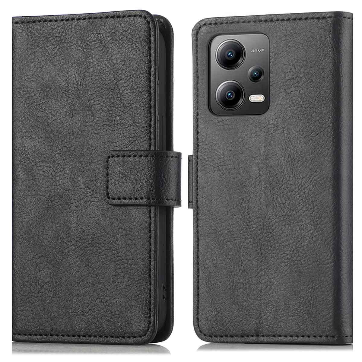 Étui de téléphone en cuir noir, montre l'avant et l'arrière avec découpe de caméra et rabat.
