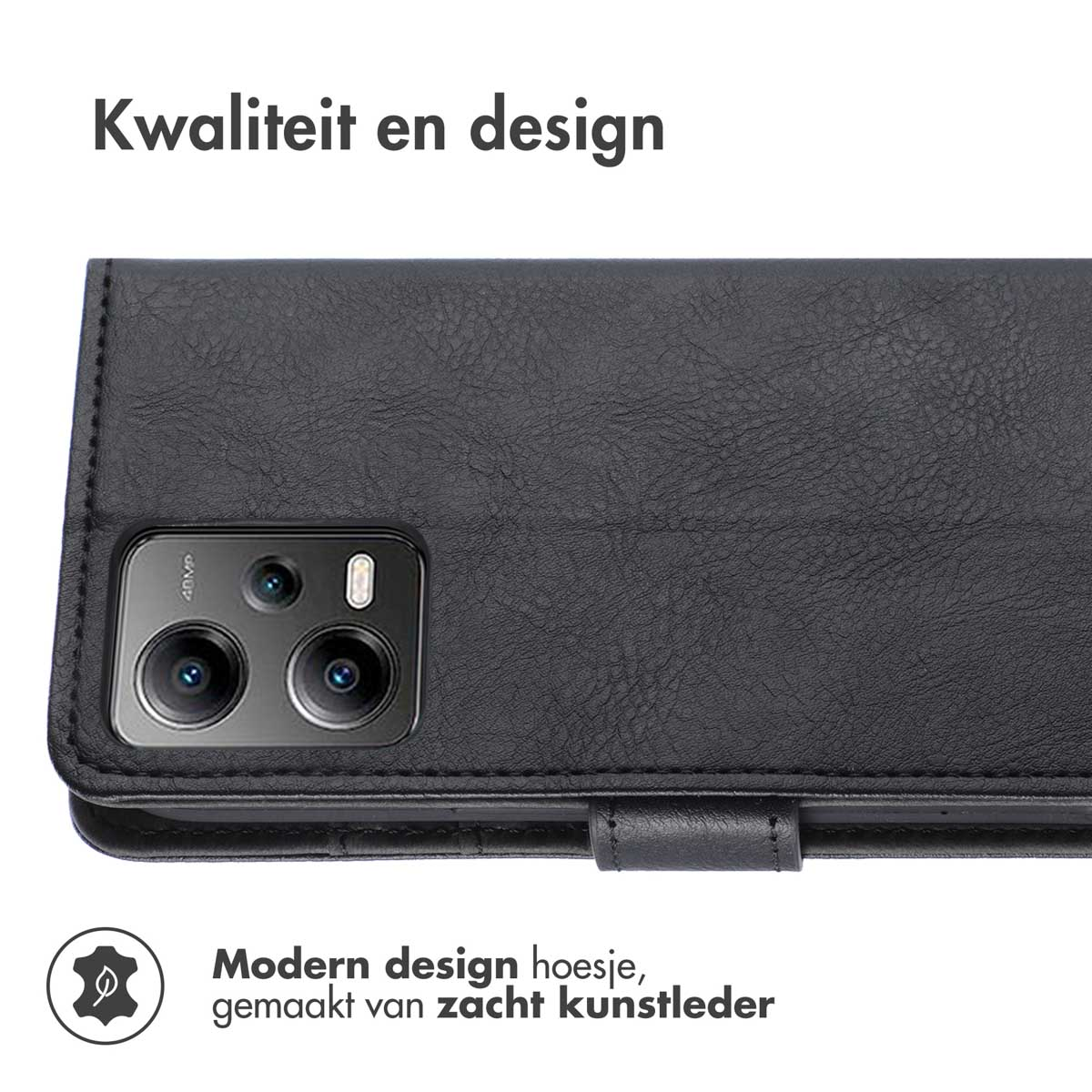 Coque de téléphone noire avec un aspect cuir. Texte : Modern design hoesje, gemaakt van zacht kunstleder.