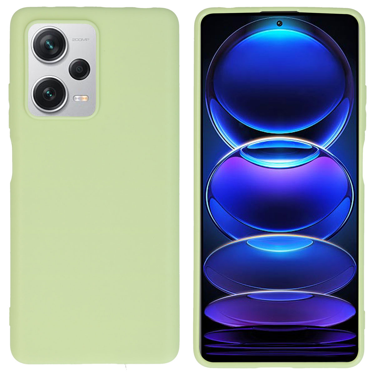 Groene telefoonhoes op een telefoon met een kleurrijke interface. De hoes heeft twee camera's.