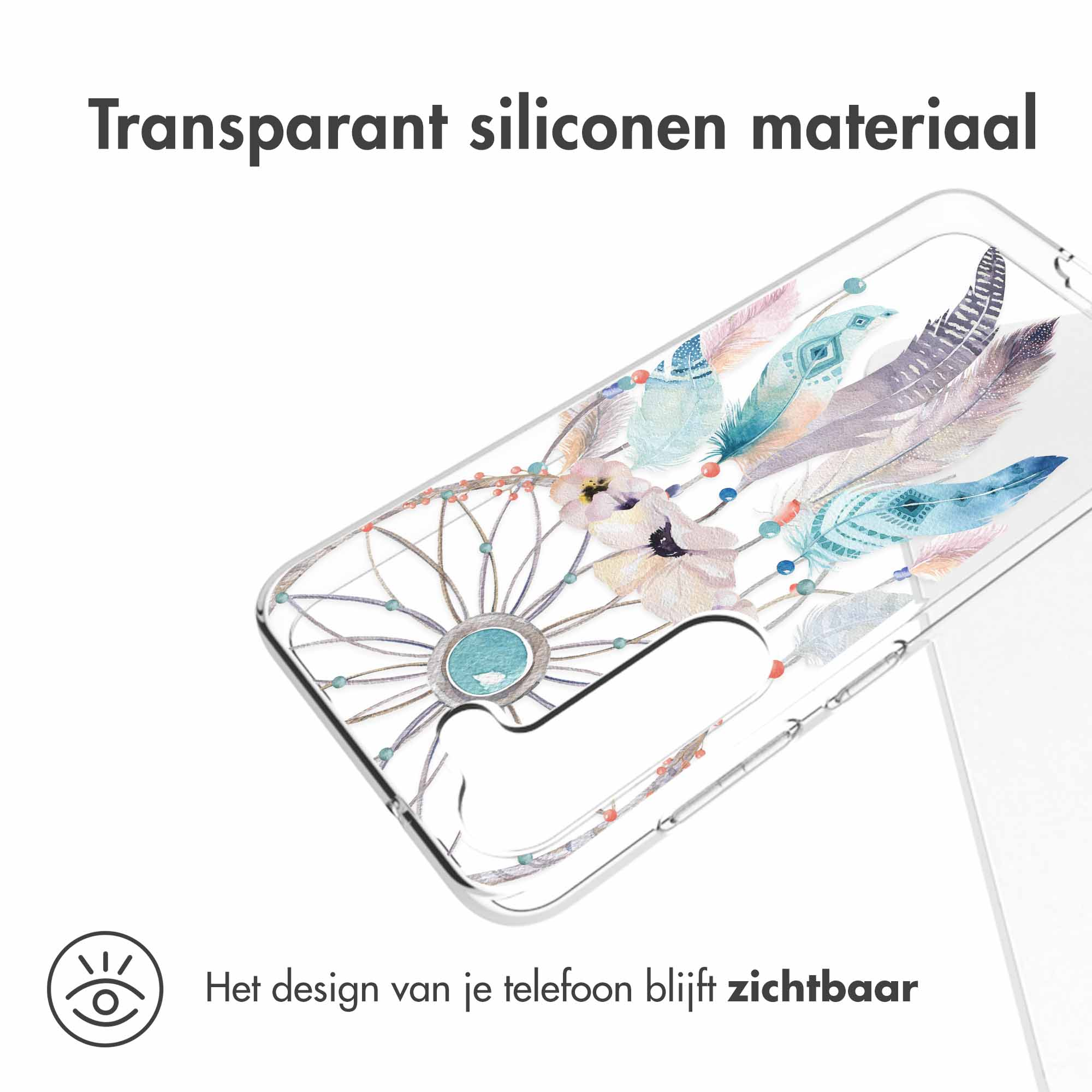 Transparent phone case, with a dreamcatcher and feathers design.