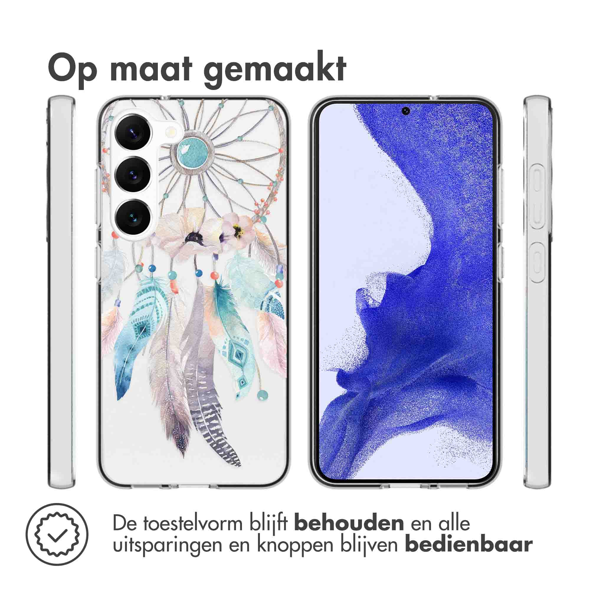 Phone case with dream catcher design. The phone case is on a white background.