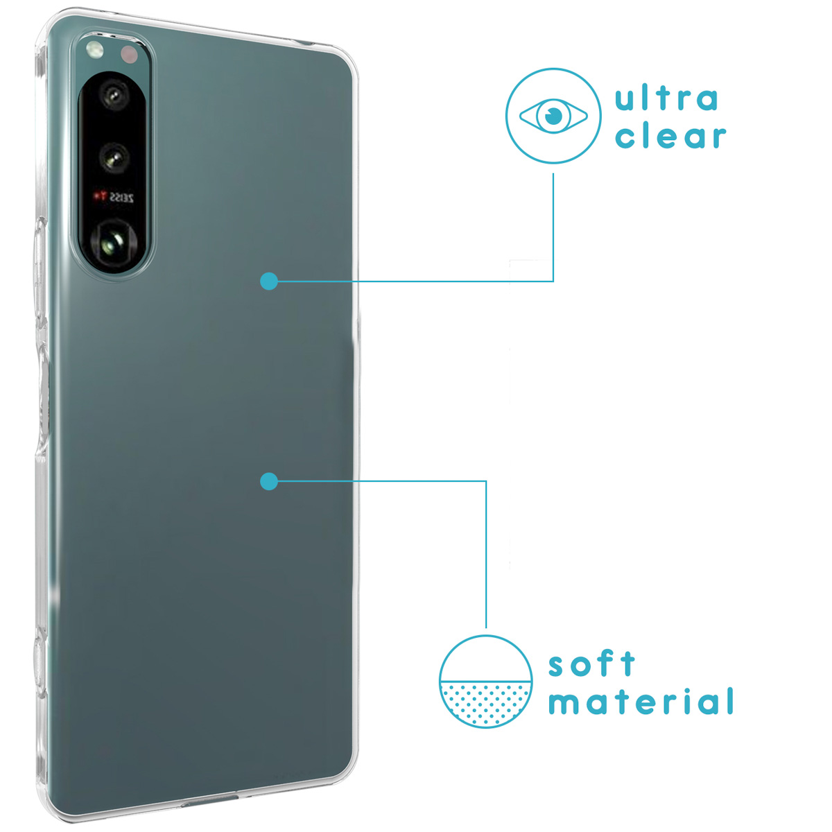 Transparente Handyhülle auf einem Telefon. Details zu Ultra klar und weichem Material werden hervorgehoben.
