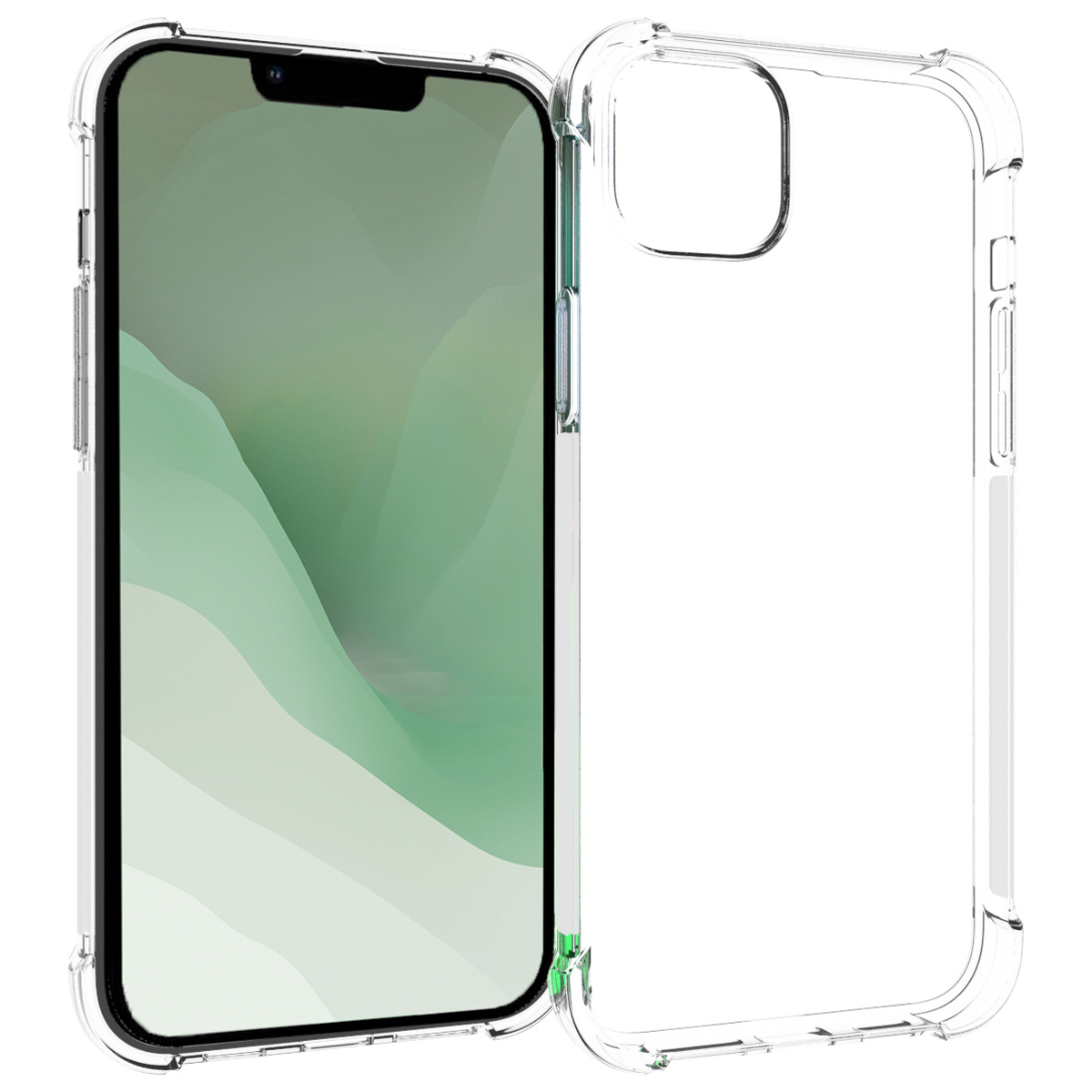 Coque de téléphone transparente sur fond blanc avec un téléphone à l'intérieur, montrant l'écran.