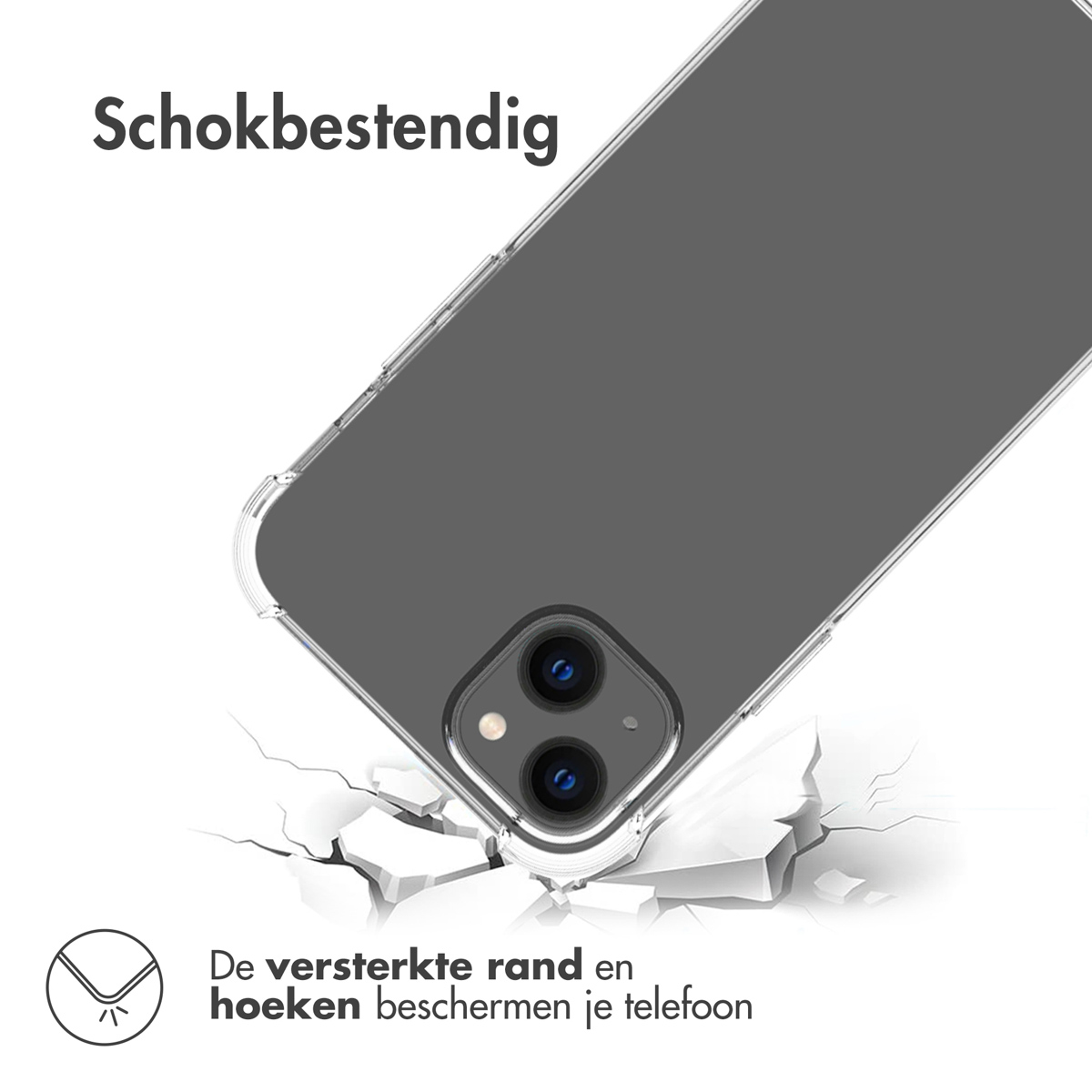 Un téléphone dans une coque transparente repose sur une surface fissurée. Texte: 'antichoc' et 'les bords renforcés protègent votre téléphone'.