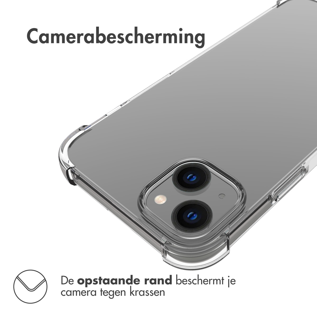 Coque de téléphone transparente protégeant l'appareil photo. Texte : 'Camerabescherming' et 'De opstaande rand beschermt je camera tegen krassen'.