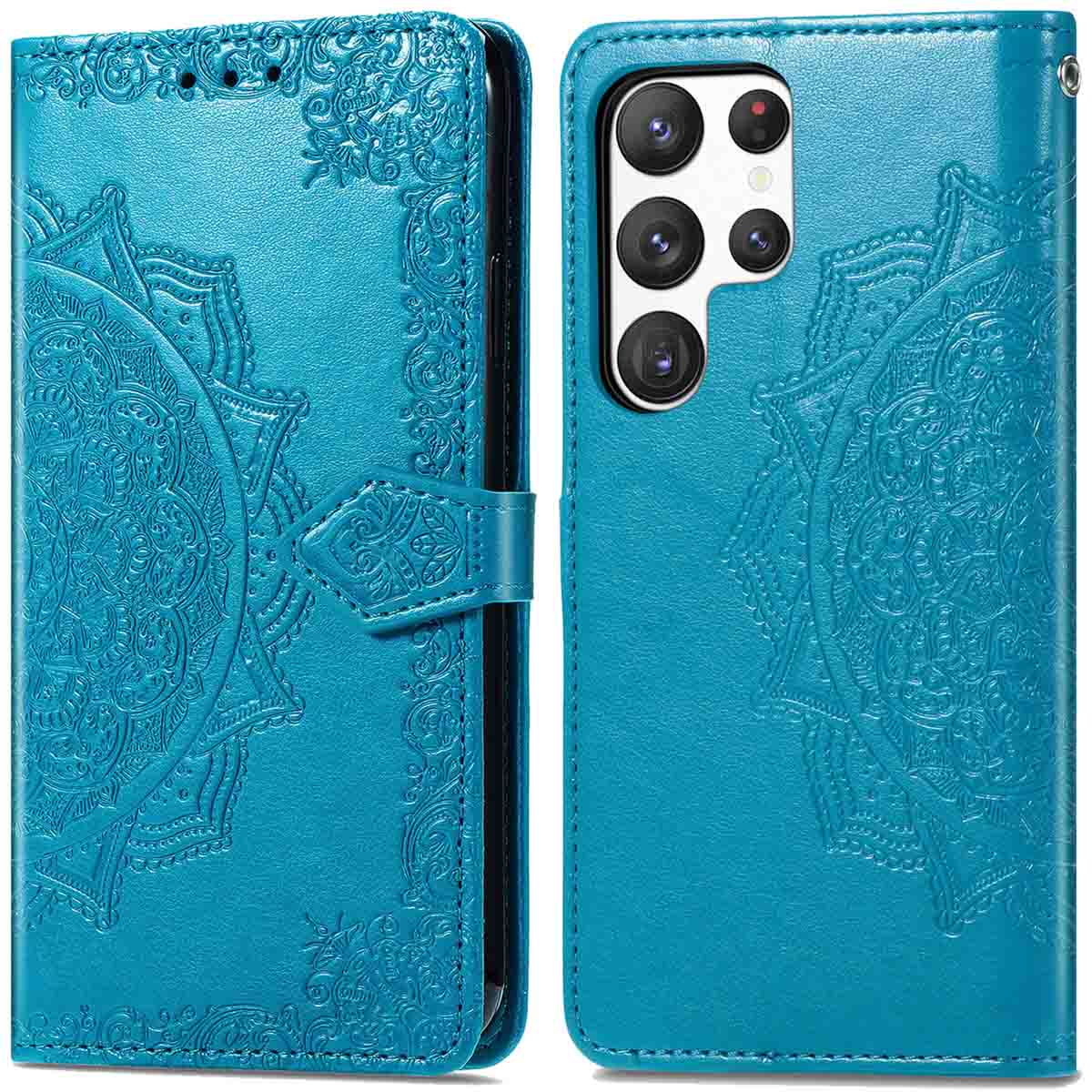 Blauwe telefoonhoes met een mandala design. De telefoon zit in de hoes, die een portemonnee is.