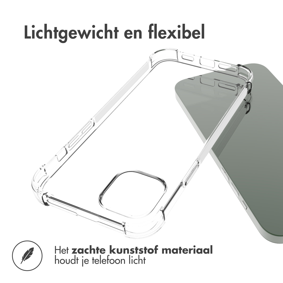Une coque de téléphone transparente à côté d'un téléphone. Le texte dit 'Léger et flexible' et 'Le matériau plastique souple garde votre téléphone léger'.