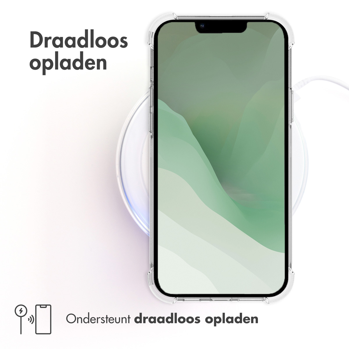 Téléphone sur un chargeur sans fil. Le téléphone est dans un étui transparent. Il prend en charge la recharge sans fil.