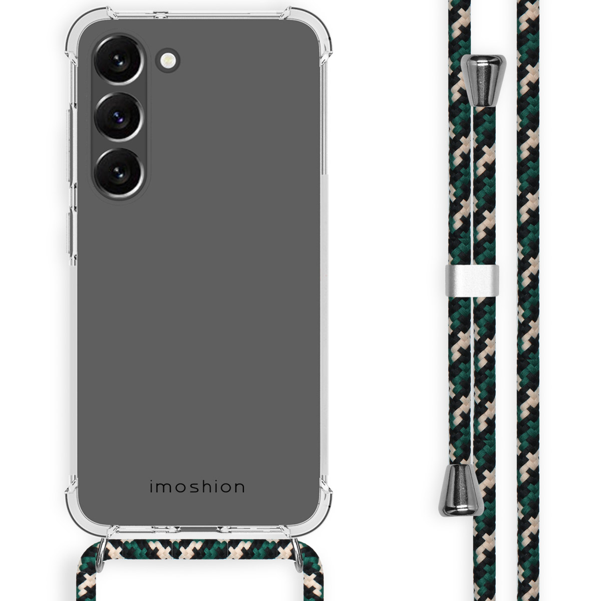 Telefoon met een doorzichtige hoes en een groen-zwarte band. De telefoonhoes heeft imoshion tekst.