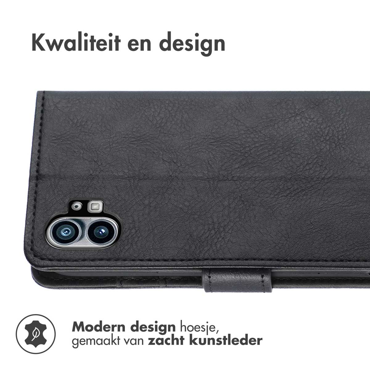 Zwarte telefoonhoes met een telefoon erin. De hoes is gemaakt van kunstleer.