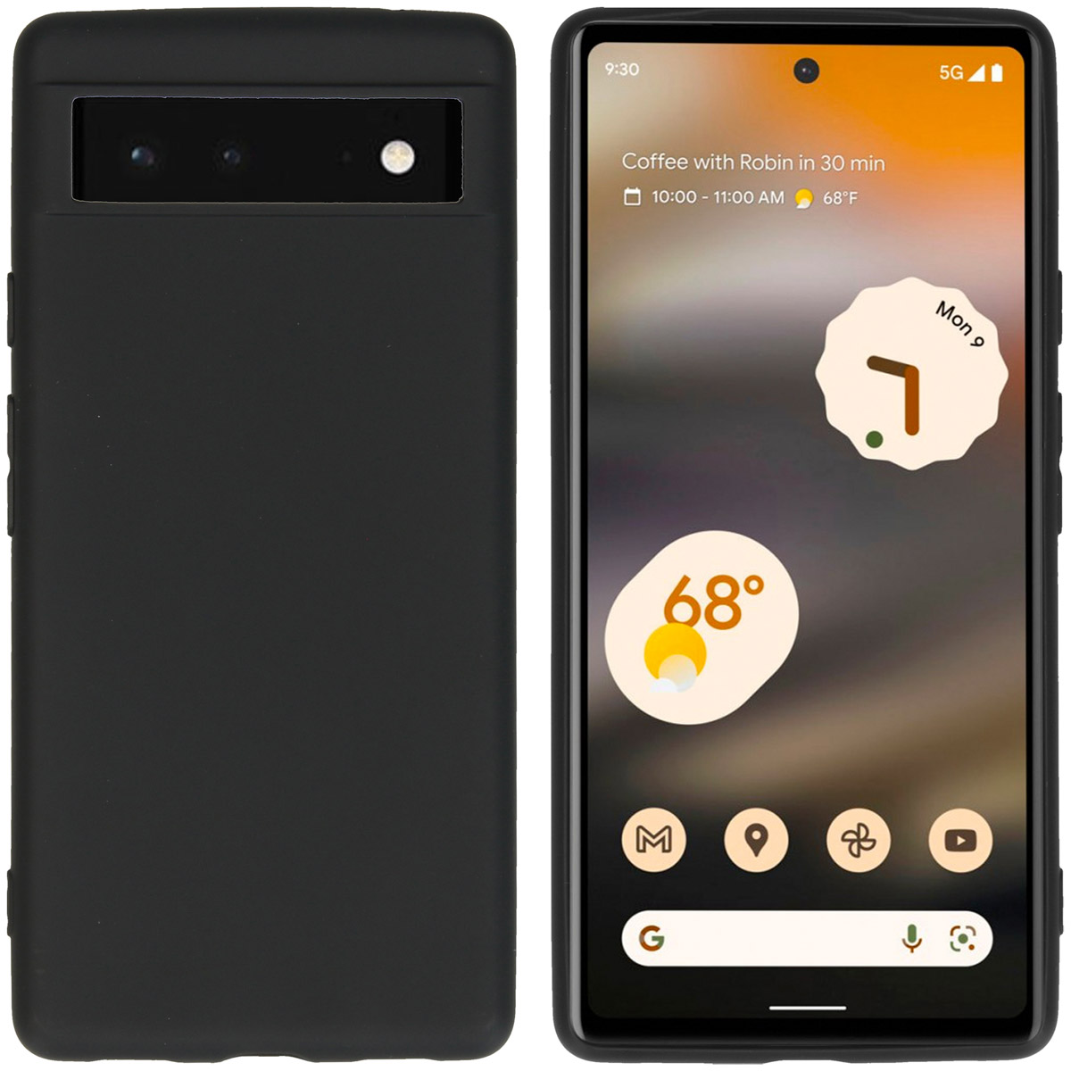 Zwarte telefoonhoes, met het scherm dat een weer-app en de tijd toont. De telefoon staat op een witte ondergrond.