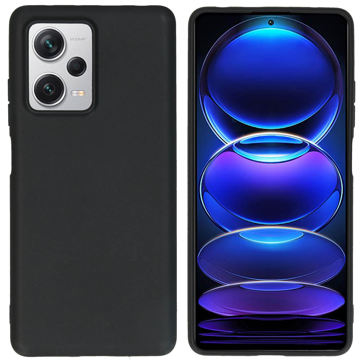 Coque de téléphone noire et téléphone. Le boîtier a un trou pour la caméra.