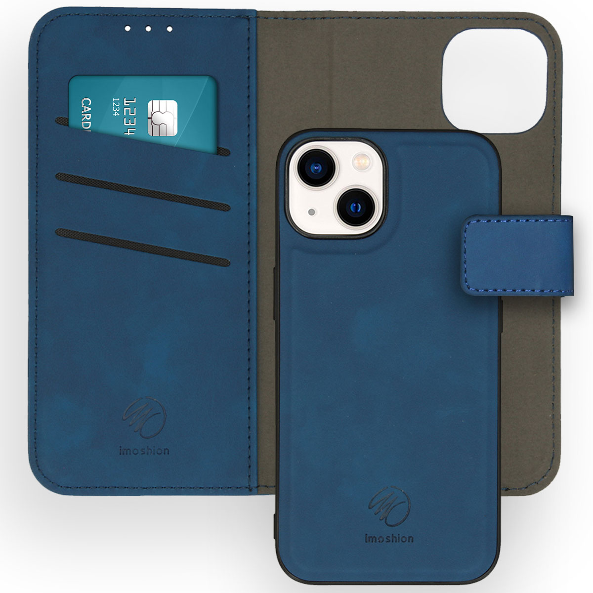 Blaue Leder-Handyhülle mit Telefon und Kreditkarte im Inneren. Hülle ist offen, Telefon und Karte sichtbar.