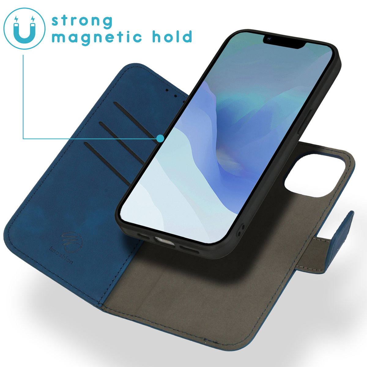 Blaue Leder-Handyhülle mit Telefon. Text: Starker magnetischer Halt.