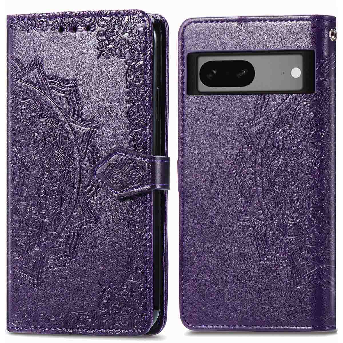 Paarse telefoonhoes met een ingewikkeld ontwerp en een telefoon erin.