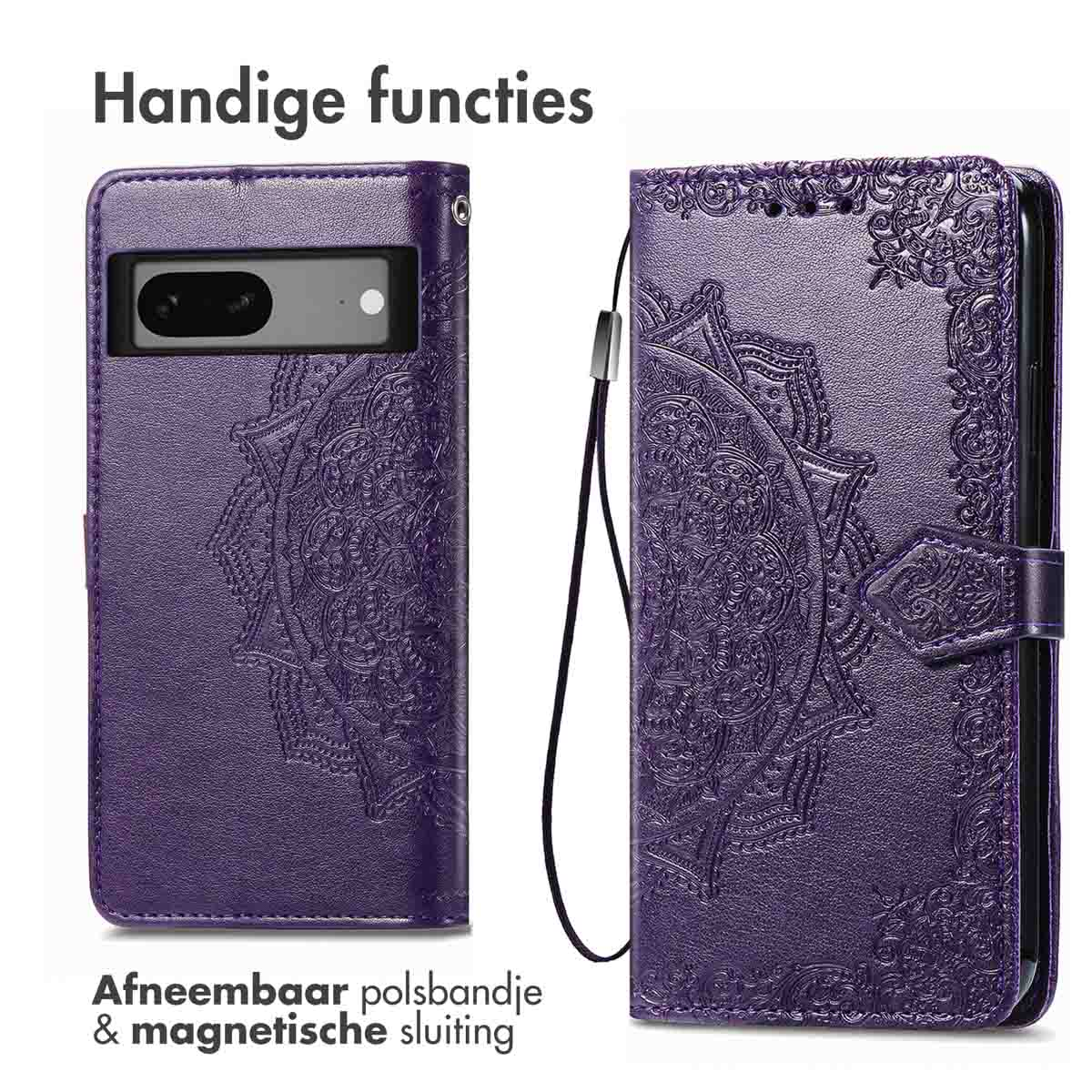 Paarse telefoonhoes met mandala-ontwerp, afneembare polsband en magneetsluiting.
