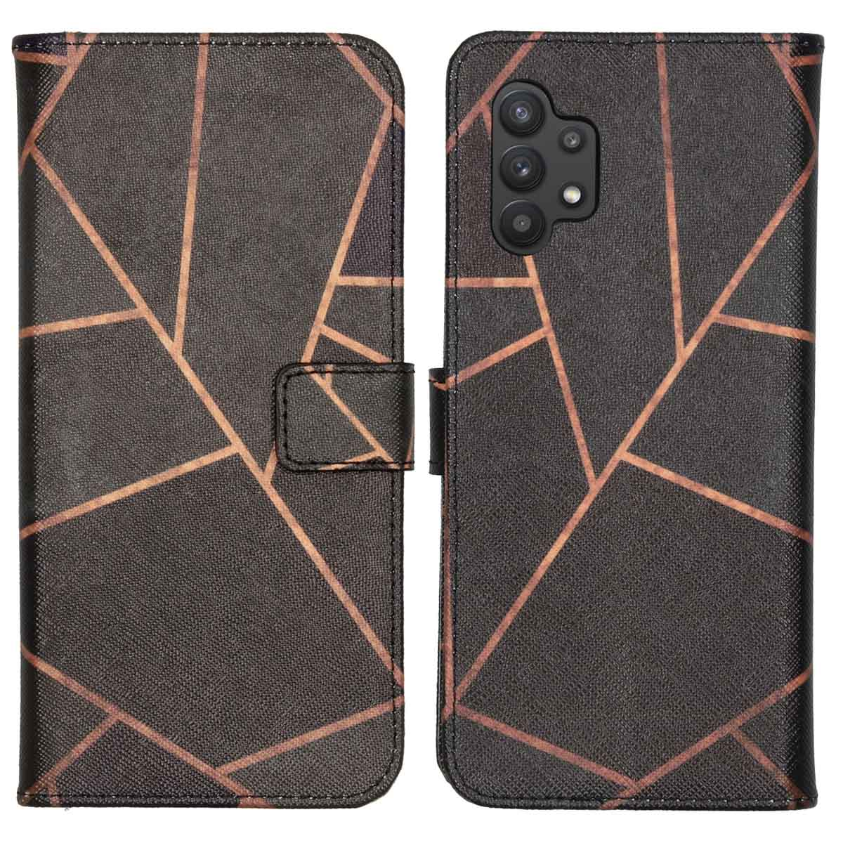 Zwart-oranje geometrische telefoonhoes met telefoon erin. De hoes is open.
