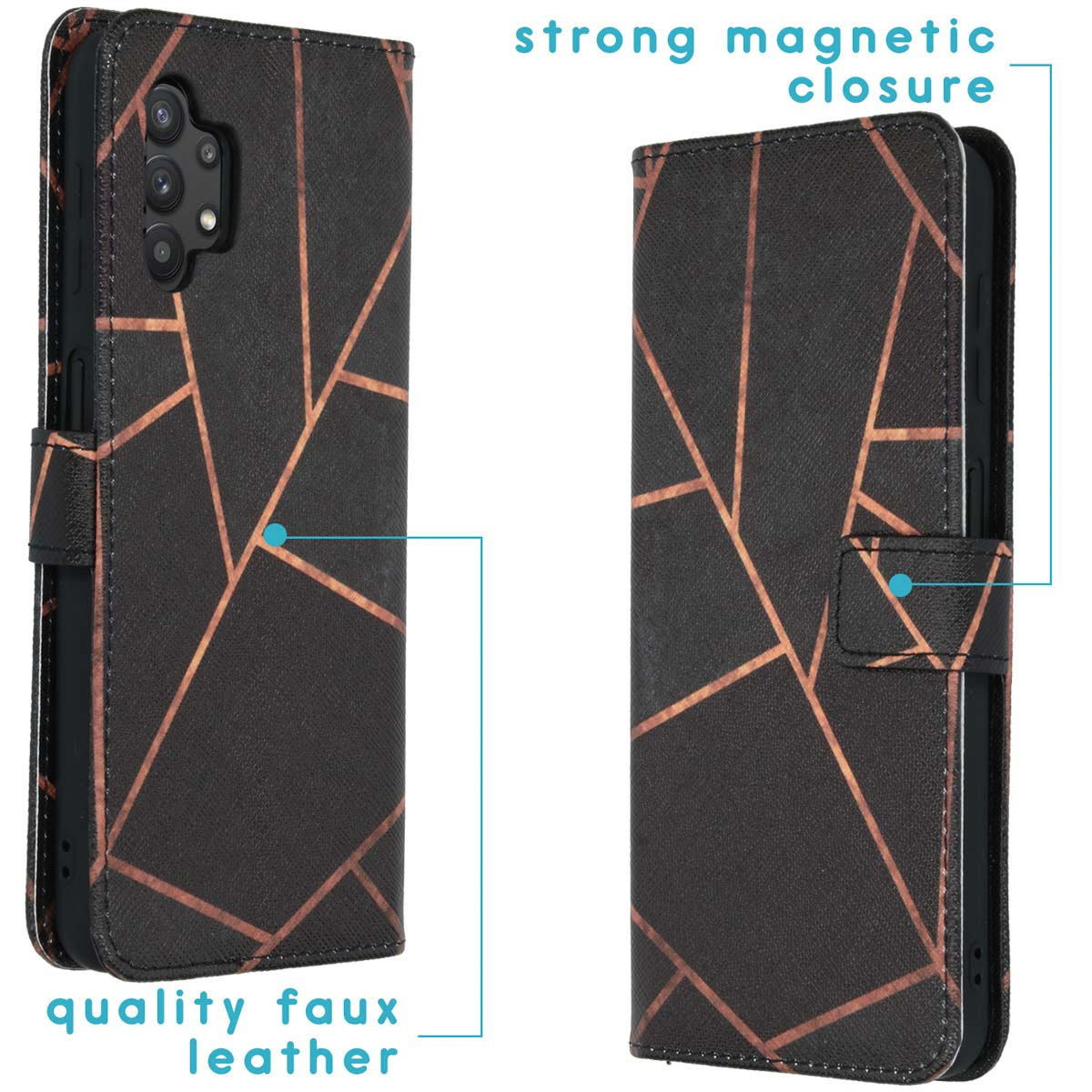 Zwarte telefoonhoes met een geometrisch design. De hoes is gemaakt van kwaliteitsleer.