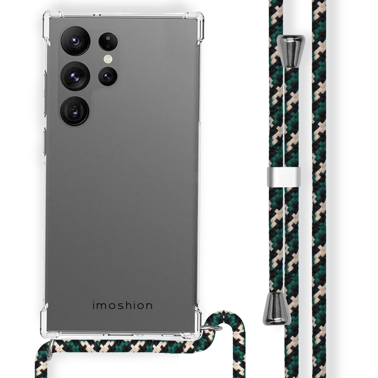 Telefoon met doorzichtige hoes en groene lanyard.
