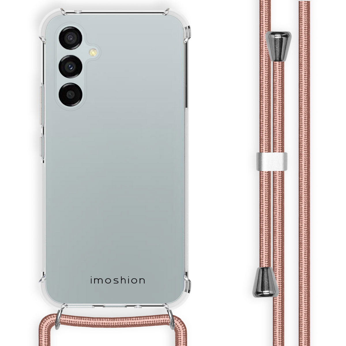 Transparante telefoonhoes met een roze koord. De telefoon heeft een zilveren frame.