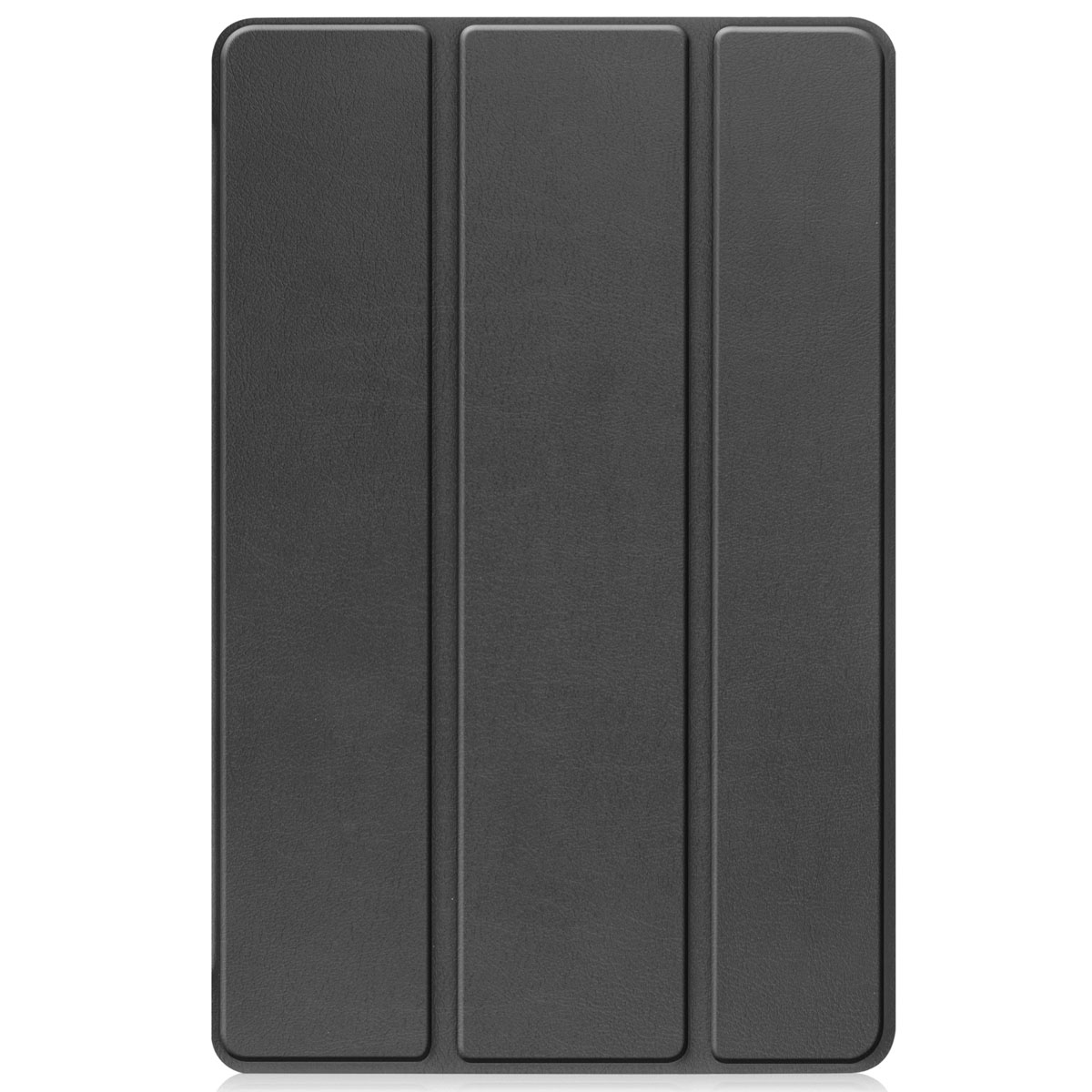 Black tablet case, plain design with a leather texture. The case is closed, showing three sections.
