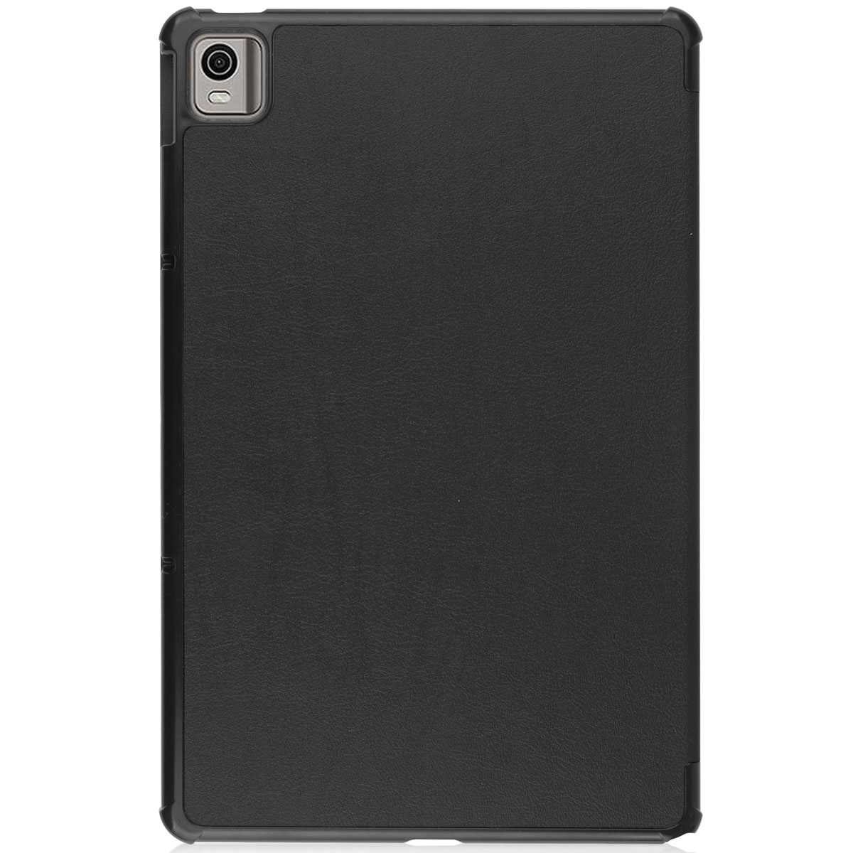 Black tablet case. The back has camera cutout, the cover has a leather texture.
