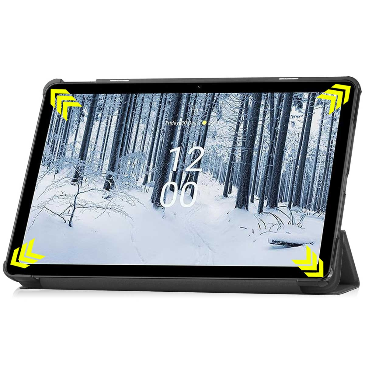 Tablet case open, showing a winter forest scene with snow and the time '12:00'.