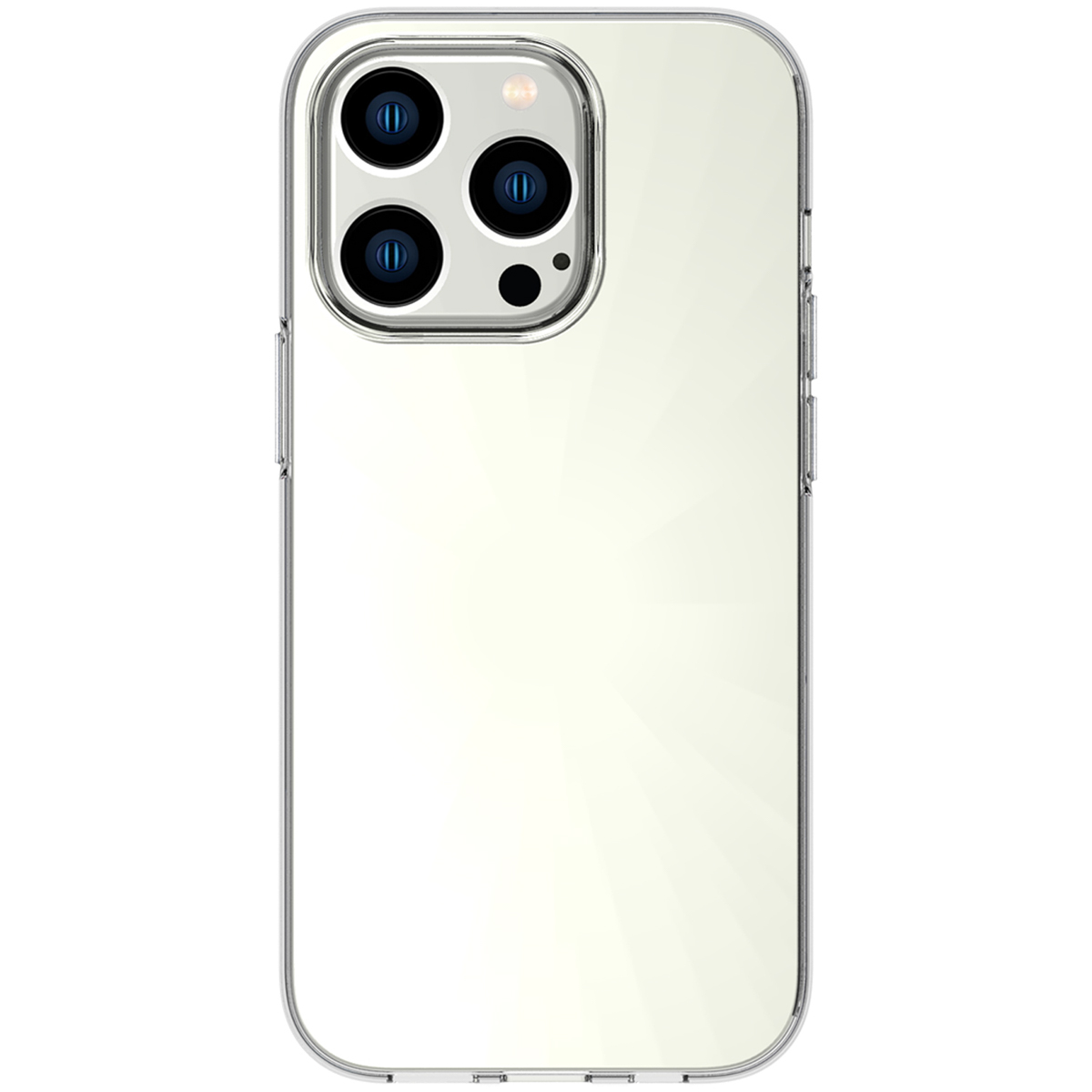 Coque transparente avec téléphone.  La coque montre l'arrière du téléphone et l'appareil photo.