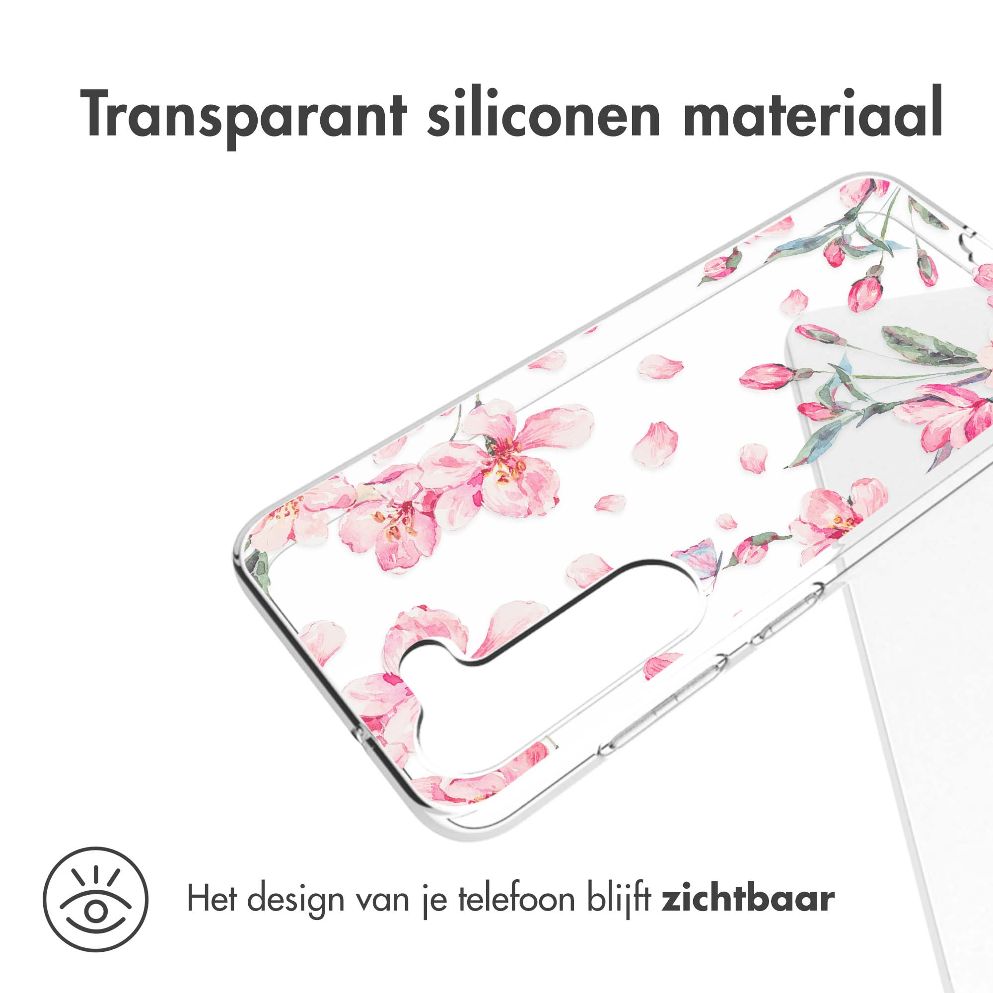 Clear phone case with pink floral design, showing the phone's design.