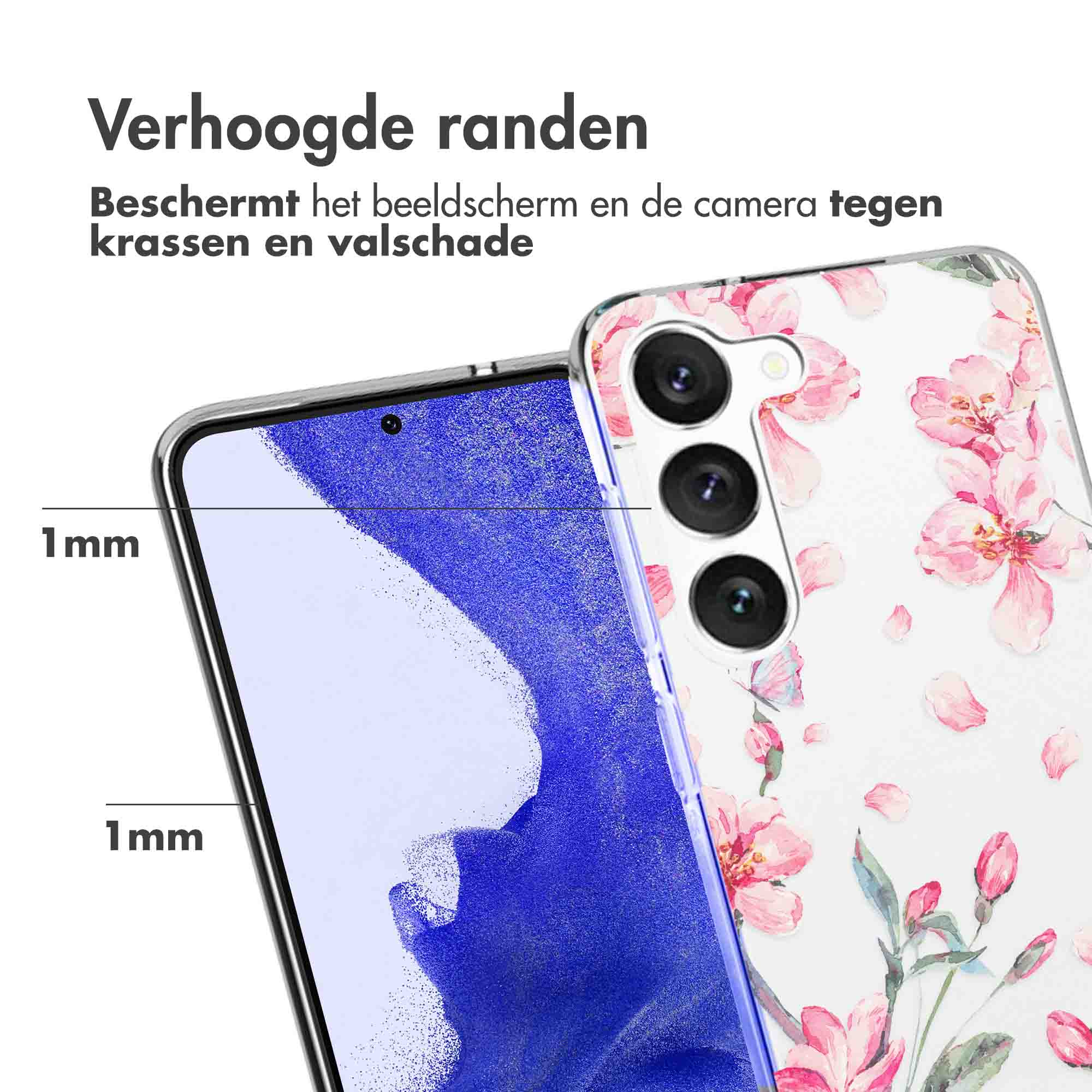 Phone case with pink flowers. Phone screen with text.