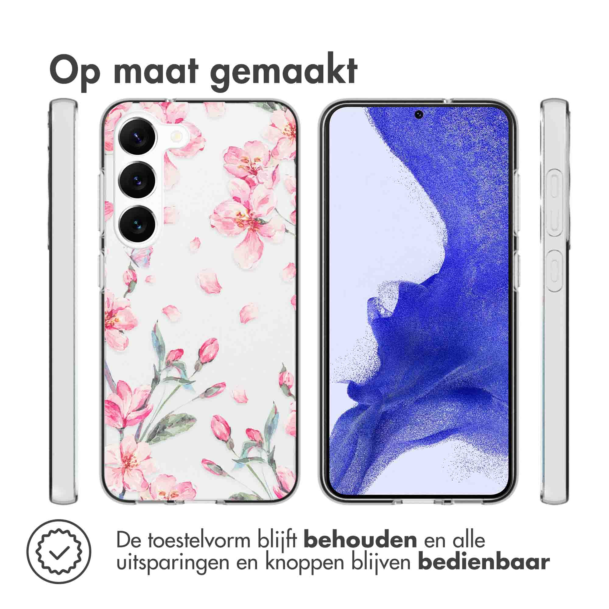 A phone case with a floral pattern. The case is pink and white. The phone is on the right.