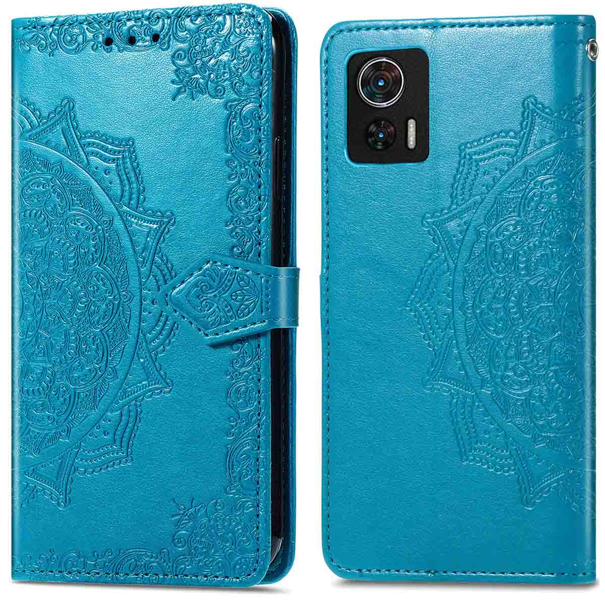 Teal lederen telefoonhoesje met mandala-ontwerp. Open om telefoon te tonen.