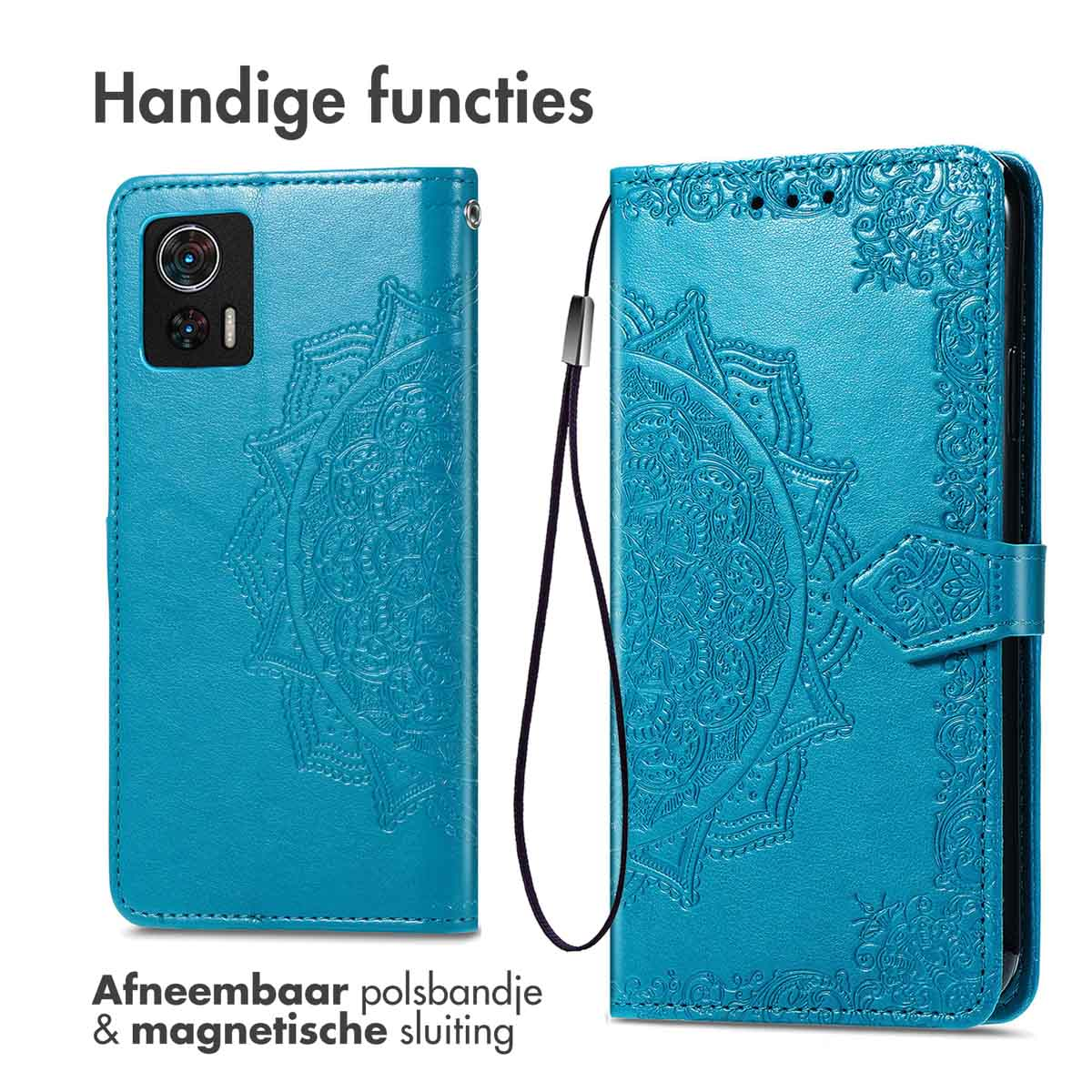Blauwe telefoonhoes met afneembare polsband en magnetische sluiting.