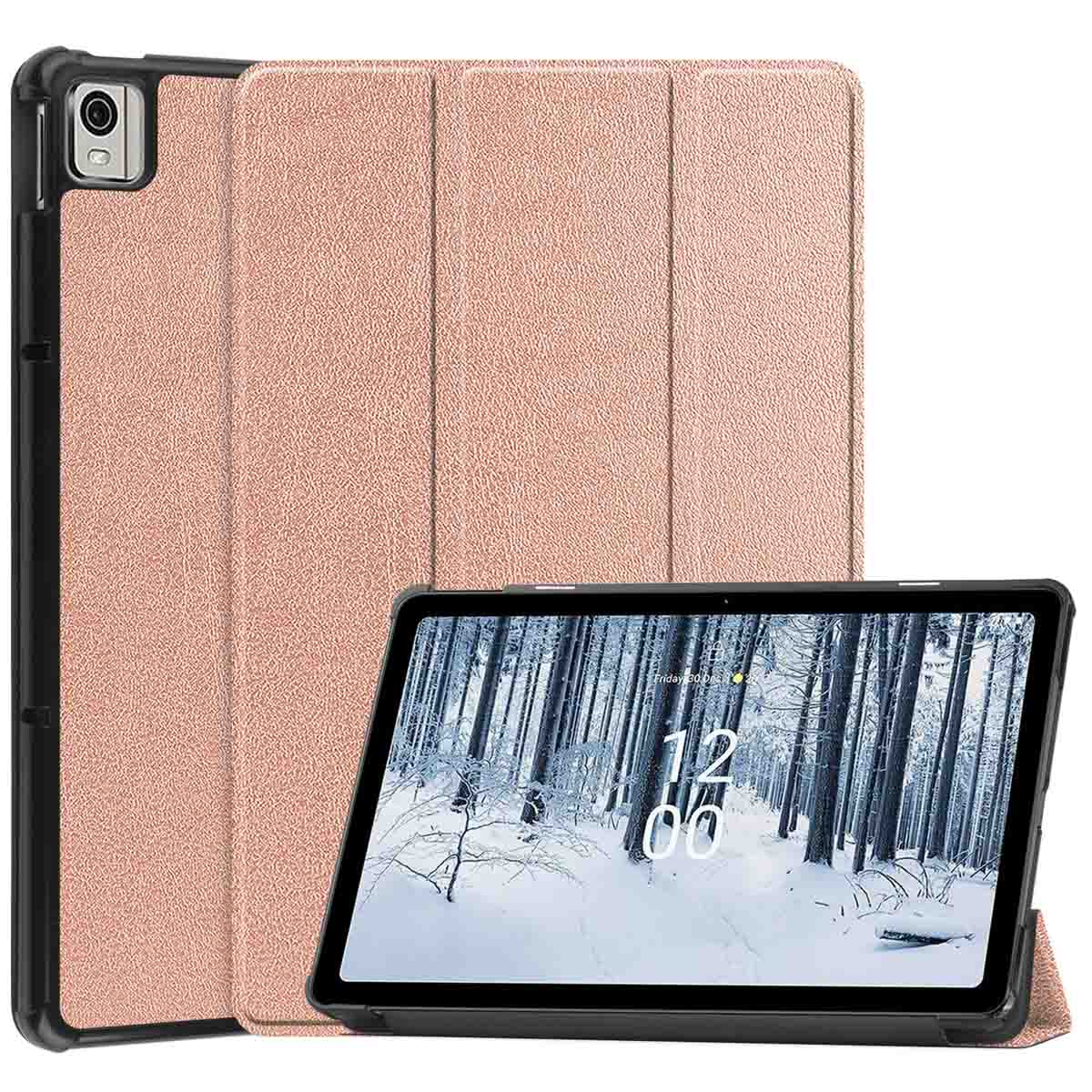 Rose gold tablet case with tablet inside. Case is open and standing.