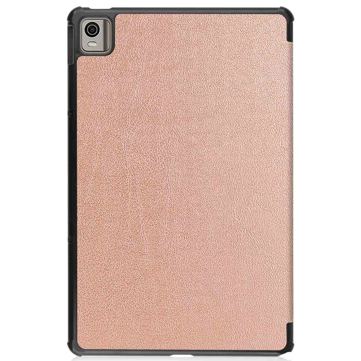 Tablet in a black case. The case is peach-colored on the front, with a camera cutout.