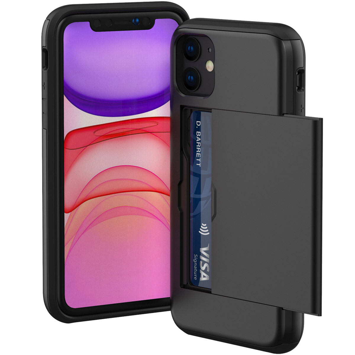 Zwarte telefoonhoes met een kaartsleuf. Er is een Visa-kaart in geplaatst. De telefoon is zichtbaar.