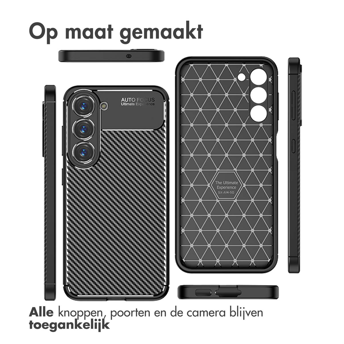 Zwarte telefoonhoes met carbon fiber design. Tekst: Alle knoppen en camera toegankelijk.