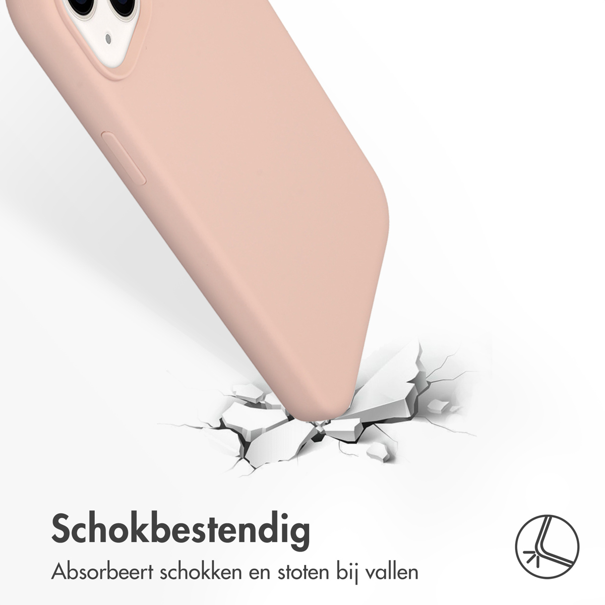 Roze telefoonhoes die een oppervlak raakt, met impactscheuren die ervan uitgaan.