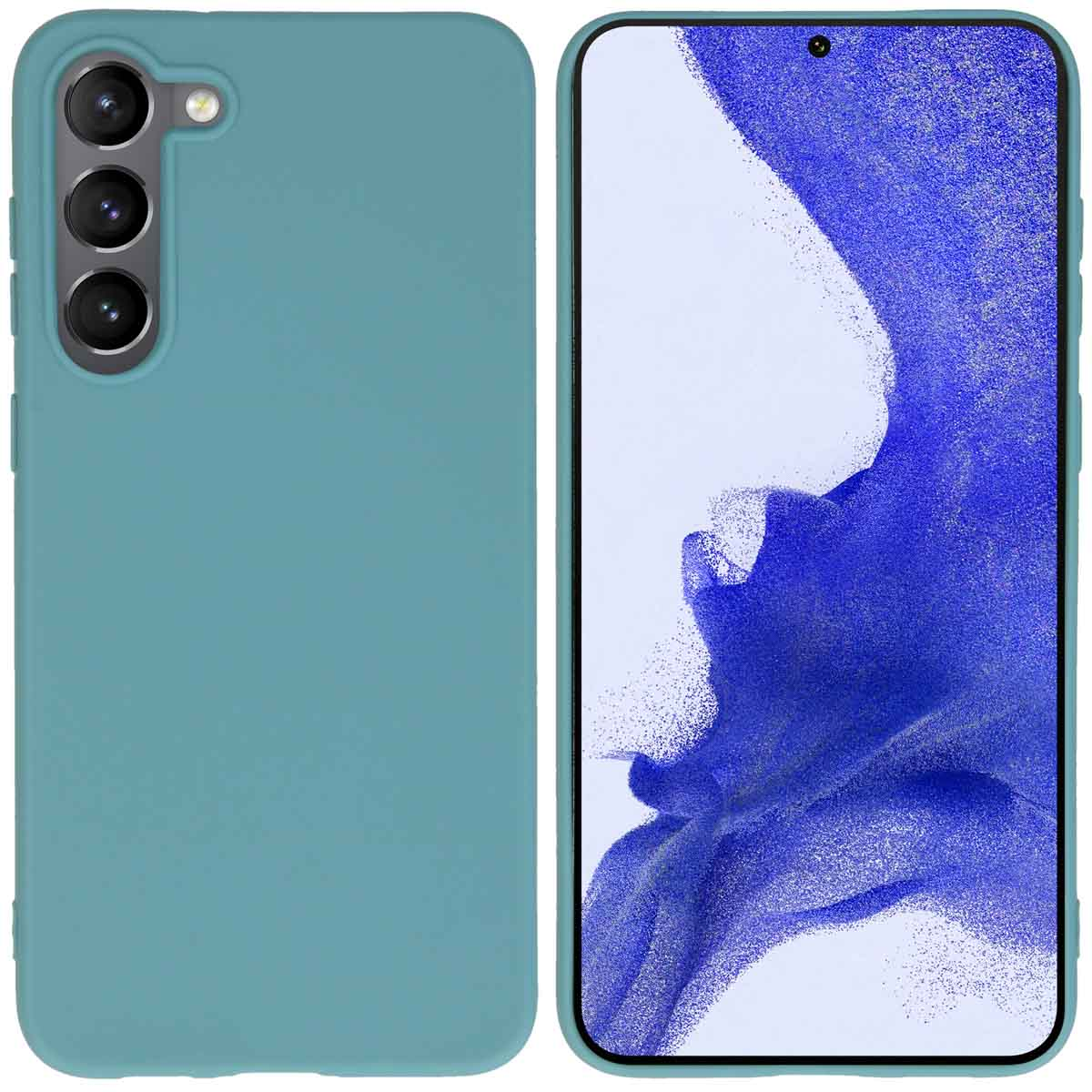 Blauwe telefoonhoes en telefoon. Het telefoonscherm staat aan en toont het hoofdscherm van de telefoon.