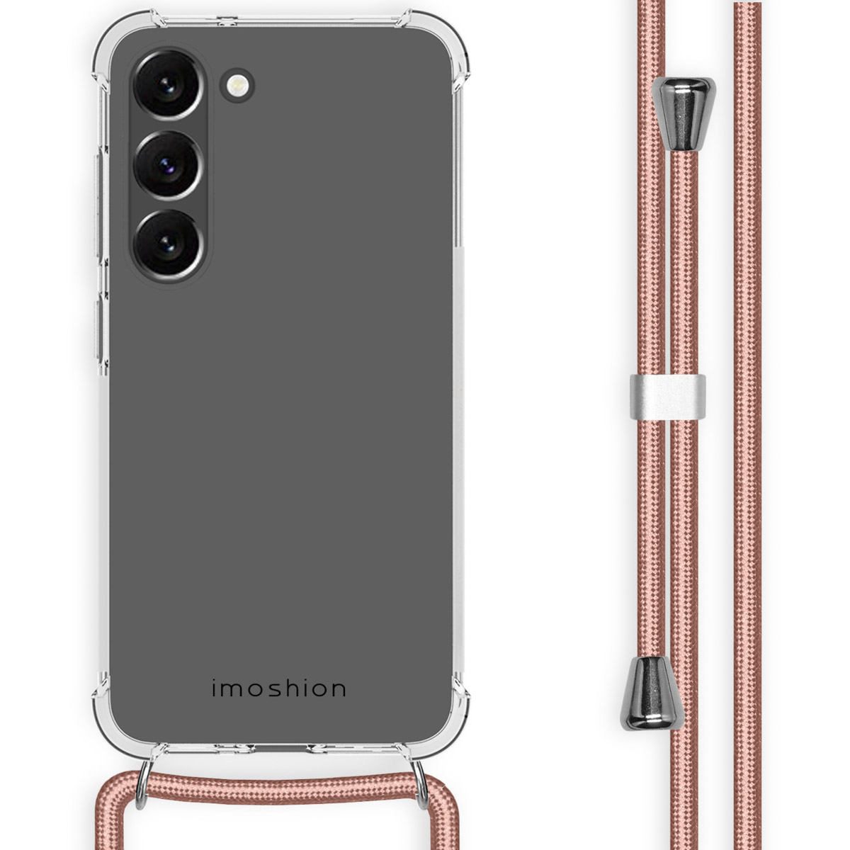 Transparante telefoonhoes met roze koord. Telefoon links. Tekst: imoshion.