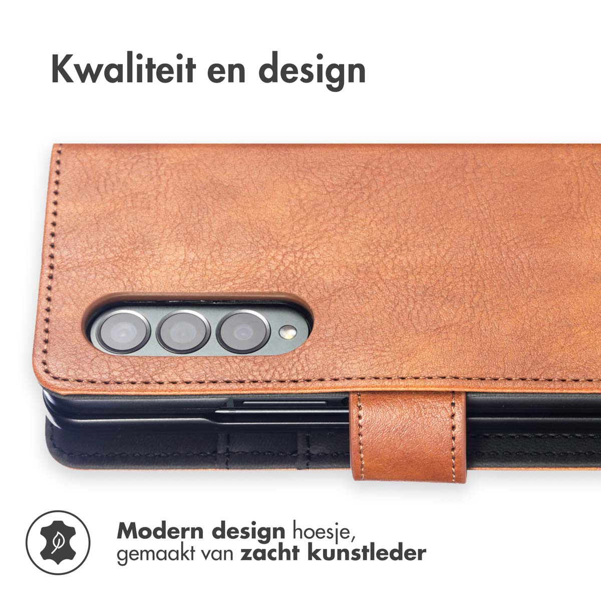 Bruine telefoonhoes met telefoon erin. Modern design gemaakt van zacht imitatieleer.