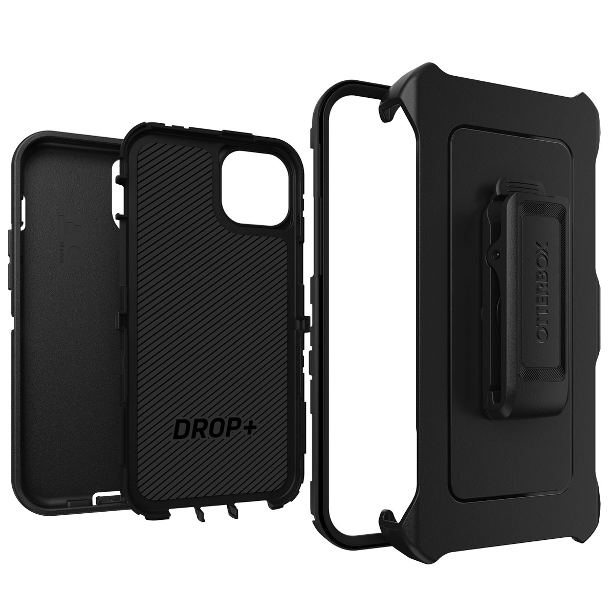 Coque de téléphone noire avec trois parties, démontée. Texte 'DROP+' visible.