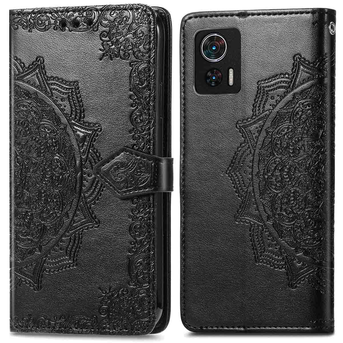Open zwarte leren portefeuille hoes, met een telefoon erin. Sierlijk ontwerp op de hoes.