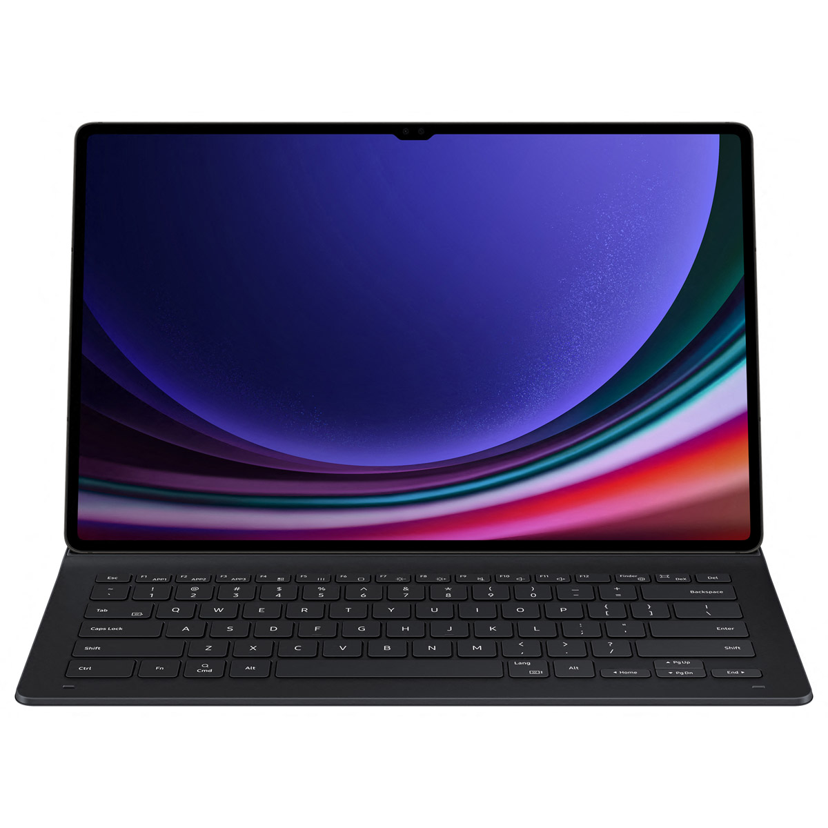Ein schwarzer Laptop mit Tastatur, Bildschirm und Webcam. Der Bildschirm zeigt ein farbenfrohes, abstraktes Design.
