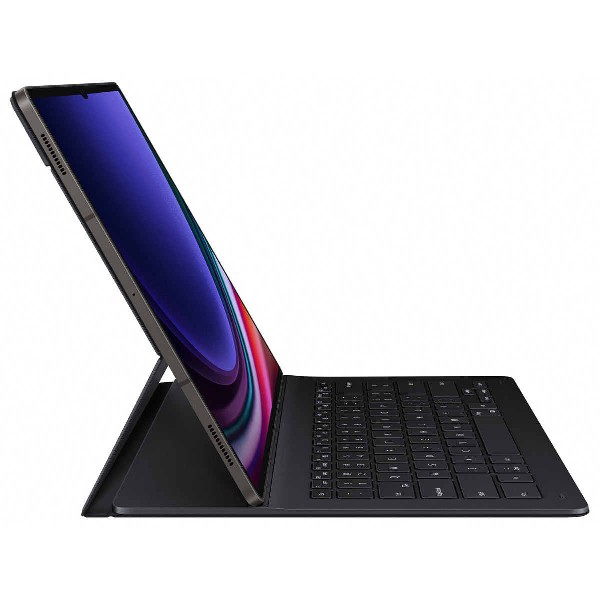 Tablet-Computer mit angeschlossener Tastatur. Der Bildschirm zeigt eine lila Grafik. Dunkler Hintergrund.