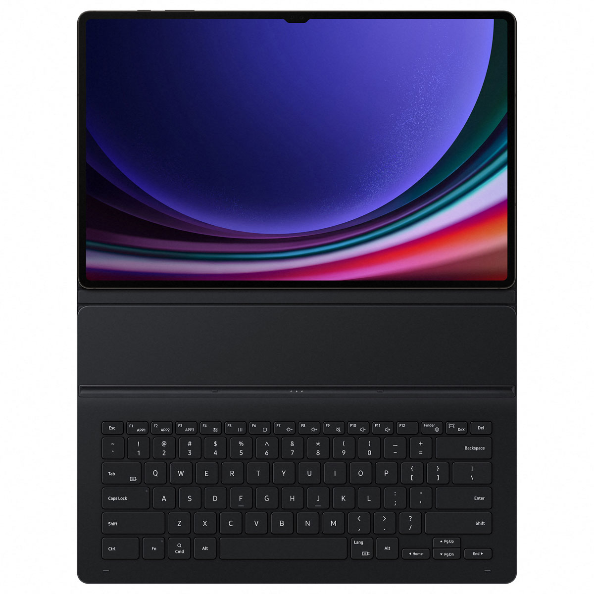 Schwarzes Tablet mit angeschlossener Tastatur. Der Bildschirm zeigt ein farbenfrohes Design.