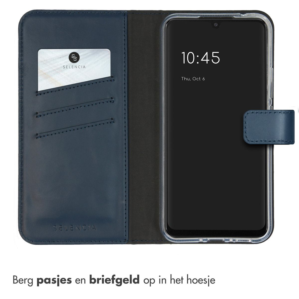 Coque de téléphone bleue avec téléphone et fentes pour cartes. Texte 'Selencia'.